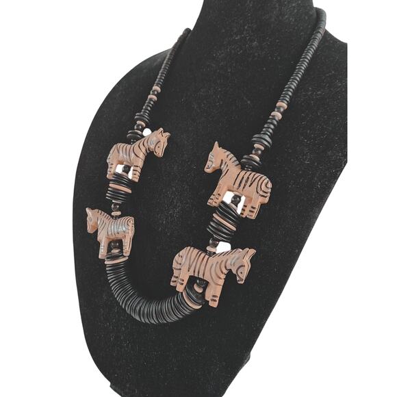 Vintage Hand-Carved Zebra Animal Necklace Wood Beads Tribal Safari Kenya 29” - Picture 5 of 7